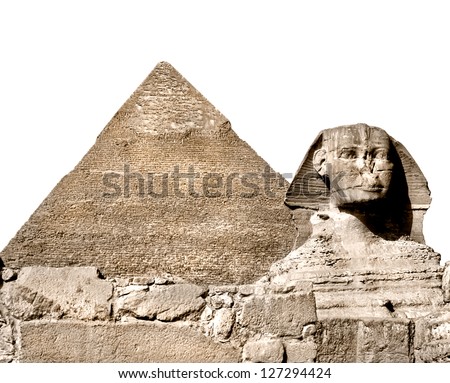 The Sphinx and the great pyramid, Giza, Egypt. Isolated on white.