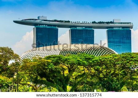 SINGAPORE-MARCH 19 : Marina Bay Sands Resort Hotel on March 19, 2012 in Singapore. It is billed as the world\'s most expensive standalone casino property at S$8 billion.