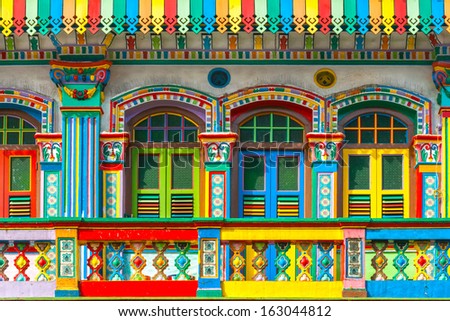 Colorful Facade Of Building In Little India, Singapore