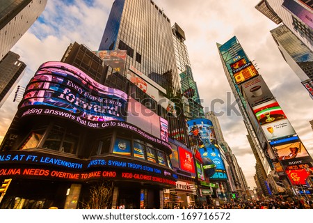 NEW YORK CITY -MARCH 25: Times Square, featured with Broadway Theaters and animated LED signs, is a symbol of New York City and the United States, March 25, 2012 in Manhattan, New York City. USA.