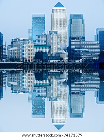 Canary Wharf, with waves reflection, London, UK
