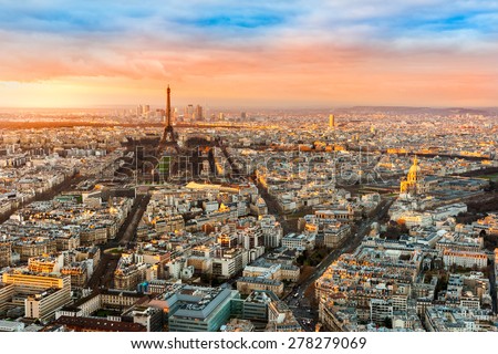 Wide angle view of Paris at twilight. France.