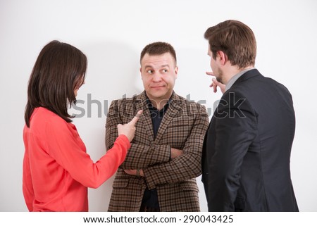 Business people holding debate, neutral background