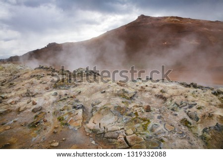 Hot steaming mud at Námafjall Hverir geothermal area in Mývatn region, Northeastern Iceland, Scandinavia