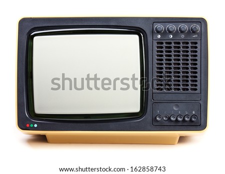 Vintage yellow television set on white background