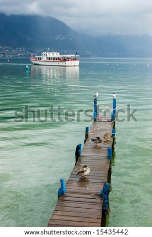 Pleasure boat at the Europe\'s cleanest Lake Annecy, Haute-Savoie,  France