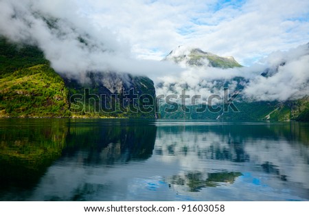 Cloudy morning in Geirangerfjord, Norway (listed as a UNESCO World Heritage Site)