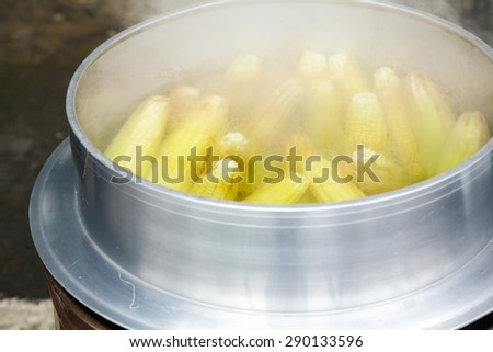 Street food in Taiwan - corn being made in a pot suspended above a fire using a metal frame