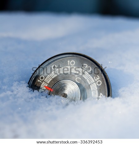 Thermometer in the snow shows low temperature