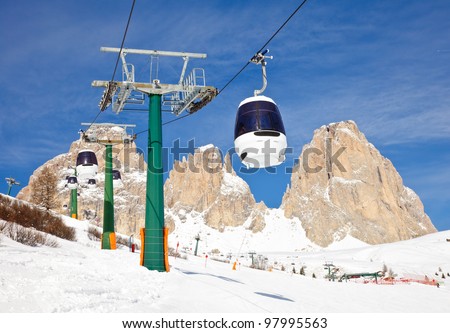 Monocable gondola lift at Val Di Fassa ski resort in Italy