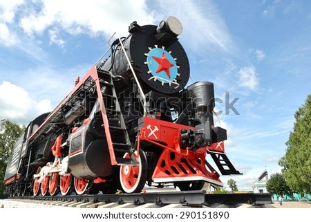 RUSSIA-KEMEROVO,JULY 31, 2014, 2014:Old steam locomotive, mounted on a pedestal at the station Topki,Kemerovo region