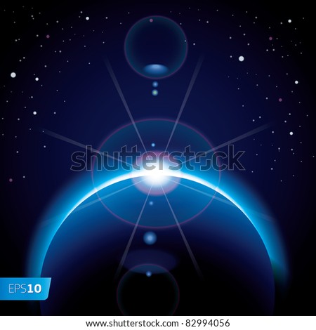 Solar eclipse background with stars and lens flare, vector Eps10 image.