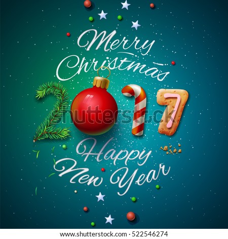 Merry Christmas and Happy New Year 2017 greeting card, vector illustration.