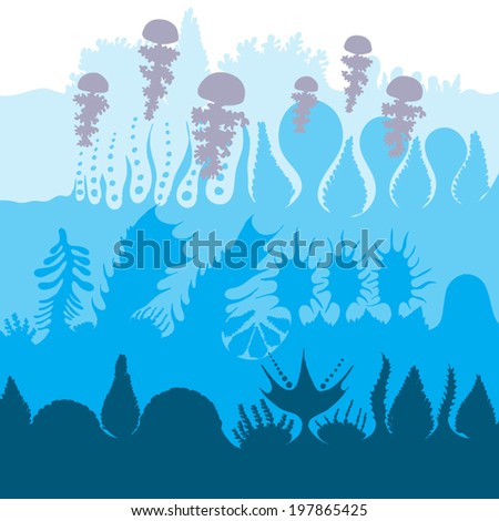 Silhouette of underwater landscape, ocean background with jellyfish, hand drawing, original imaginary, vector.