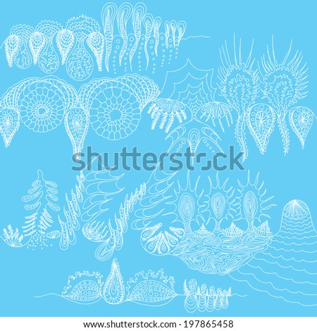 Underwater landscape, ocean background, hand drawing, original imaginary, vector.