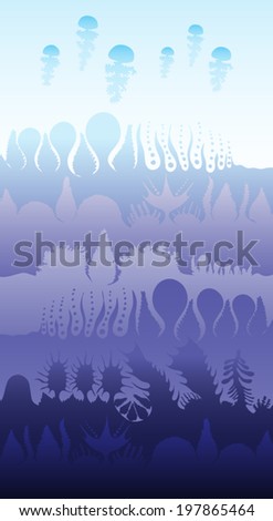 Silhouette of underwater landscape, ocean background with jellyfish, hand drawing, original imaginary, vector.