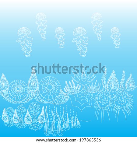 Underwater landscape, ocean background with jellyfish, hand drawing, original imaginary, vector.