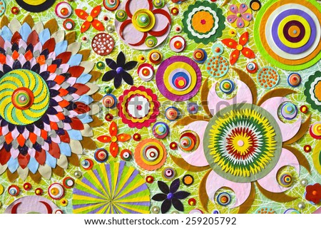 Floral chaos abstract collage from bizarre summer flowers, zentangle like decorative circular floral elements, made of paper, background
