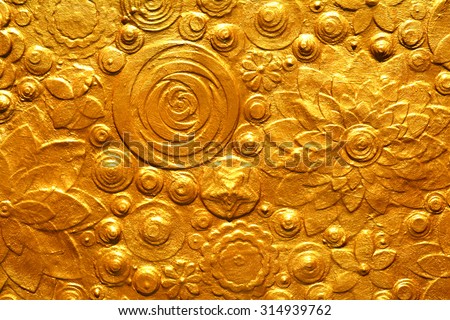 Golden flowers embossing, gold caring surface background, art painting