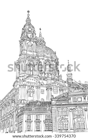 Prague, Czech Republic. St. Nicholas Church European city, vector sketch hand drawn collection. Famous, tourists & travel, popular historic city attraction, street and routs. Tourism concept.