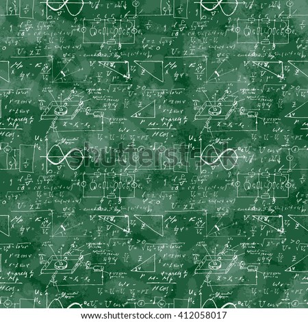 Seamless pattern of mathematical operation and equation, endless arithmetic pattern on seamless green chalk boards. Handwritten calculations. Geometry, math, physics, electronic engineering subjects.