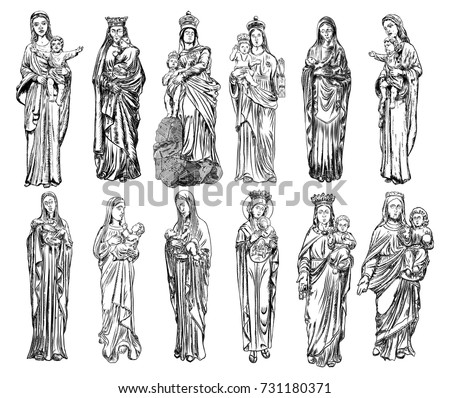 Set of Virgin; Mary or Saint Mary or Mother of God with baby Jesus Christ in her hands. Birth of Jesus. Hand drawn illustration. Blackwork adult flesh tattoo. Christmas holiday template. Vector.