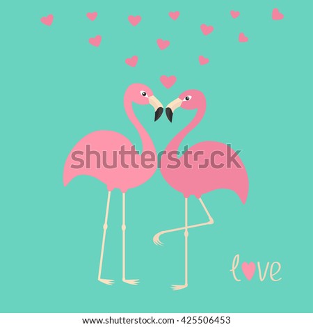 Pink flamingo couple and hearts. Exotic tropical bird. Zoo animal collection. Cute cartoon character. Love greeting card. Flat design. Blue background Vector illustration