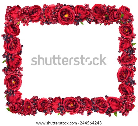 Red roses frame border isolated on white background