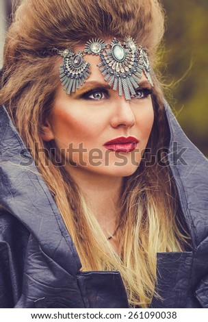 Middle ages brave militant woman portrait in ancient costume of war queen