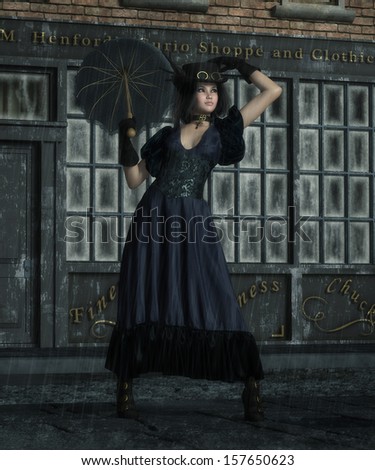 \'Urban Rain\', a digital illustration of a steampunk lady staying cheerful despite the wind and rain in the old city!