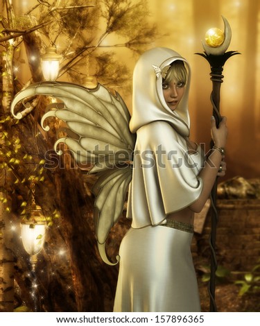 \'White Gold\', beautiful hooded fairy with gold and cream shimmery wings dressed in flowing while silk, carrying a staff of gold light.