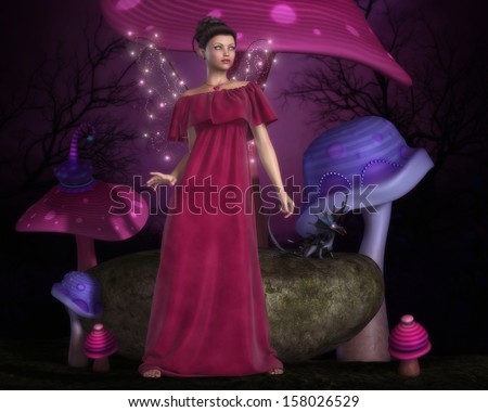 \'Whimsy\', digital illustration of a pretty fairy with a small pet dragon and bright, glowing wings taking a stroll through a whimsical mushroom forest.