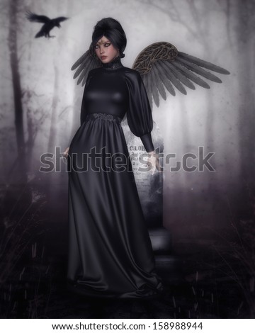 'Avenging Angel', digital illustration of a dark fallen angel in a long, Victorian style gown, in a misty graveyard, summoning a spell.