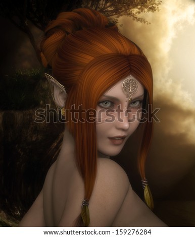 \'Fall\'s Back\', digital portrait illustration of a beautiful flame-haired elf, set against a sunset backdrop, with a very autumnal feel.