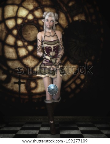 \'The Clock Watcher\', digital illustration of a strange but cute little steampunk pixie, standing guard inside a clock tower, holding a timepiece of her own.