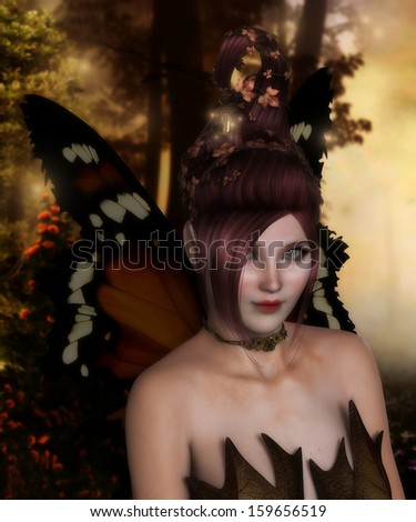 \'Fireflies\', a portrait of a cheerful fairy with butterfly-like wings and a beautiful elaborate hairstyle from which a glowing lantern hangs. She smiles out from a lush, autumn forest.