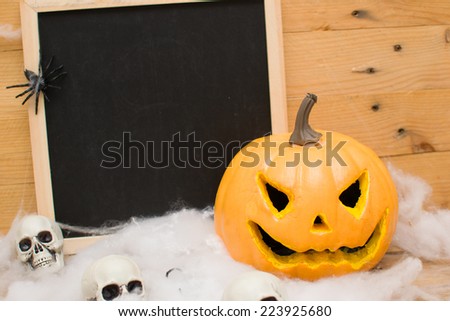 Halloween pumpkin and skulls in a garden