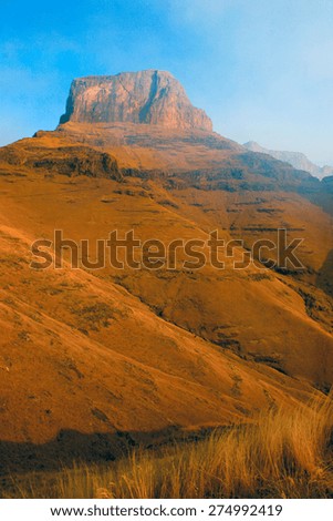 Sentinel peak in the Amphitheater of the Drakensberg mountains, Royal Natal National Park, South Africa, basking in the orange dawn light.