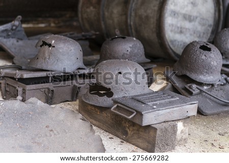 German rusted helmets world war two selective focus
