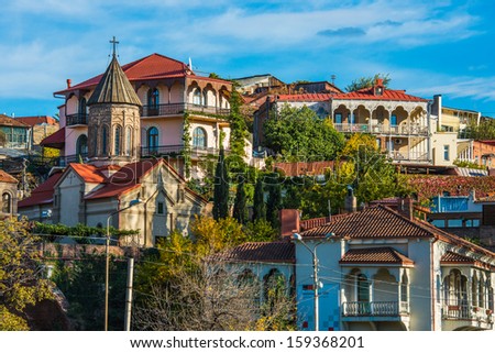 View of old buildings and orthodox church in Tbilisi, Georgia