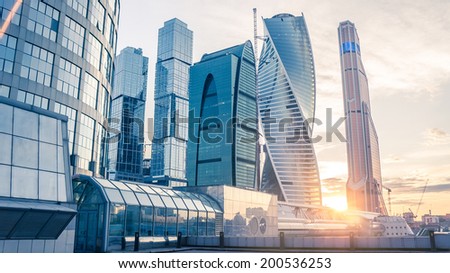 Beautiful evening view of famous skyscrapers in Moscow City international business center, Moscow, Russia. Toned picture