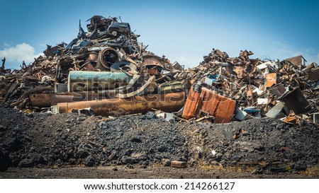 Huge pile of scrap metal junk garbage