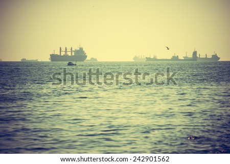 Ships move on in Marmara Sea in Istanbul, Turkey. Toned image