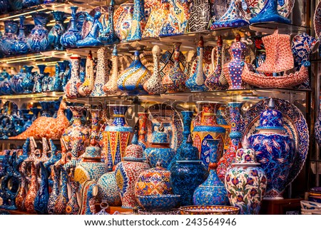 Collection of turkish ceramics on sale at the Grand Bazaar in Istanbul, Turkey.