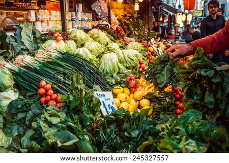 ISTANBUL, TURKEY - October, 26, 2014: Different kinds of fresh vegetables and fruits on sale at street market in Istanbul, Turkey.