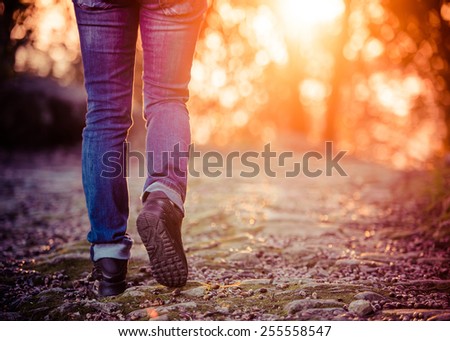 Walking or running legs, adventure and exercising in mountains on rocky road at sunset. Toned picture