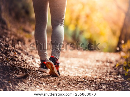 Walking or running legs on trail, adventure and exercising in forest at sunset