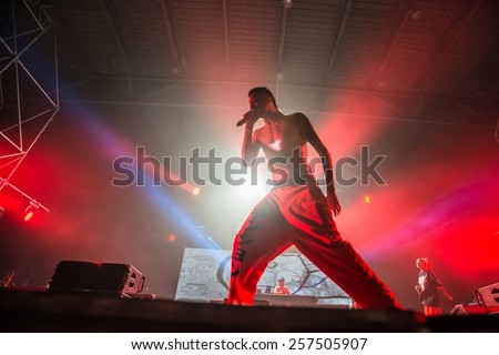 MOSCOW, RUSSIA - JUNE 28, 2014 - South African rap-rave group Die Antwoord performing live at Park Live festival at at the National Exhibition Centre on June 28, 2014 in Moscow, Russia