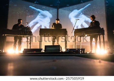MOSCOW, RUSSIA - JUNE 29, 2014 - Electronic music project Moderat performing live at Park Live festival at at the National Exhibition Centre on June 29, 2014 in Moscow, Russia