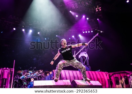 MOSCOW, RUSSIA - FEBRUARY 11, 2011: British heavy-metal band Iron Maiden performing live at \
Olimpiyskiy stadium in Moscow, Russia